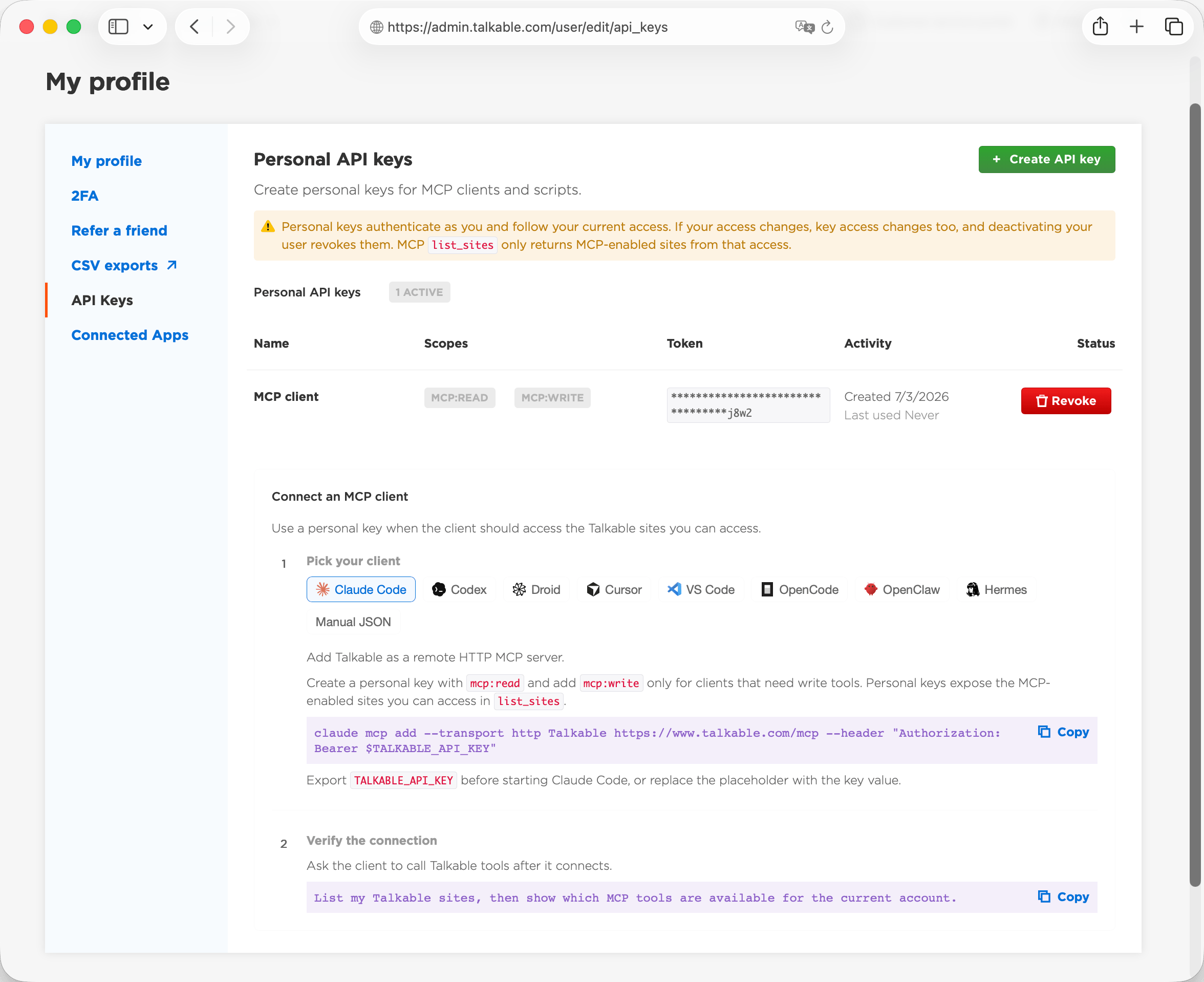 My Profile, API Keys page with the Connect an MCP client panel