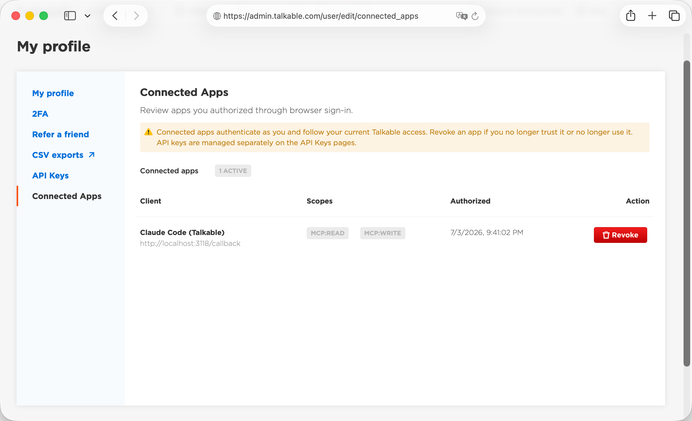 Connected Apps page listing authorized MCP agents with a revoke action