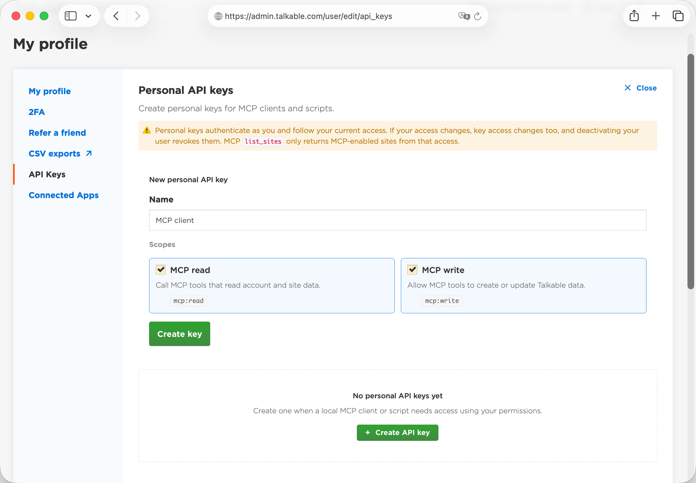 Creating a personal API key with mcp:read and mcp:write scopes