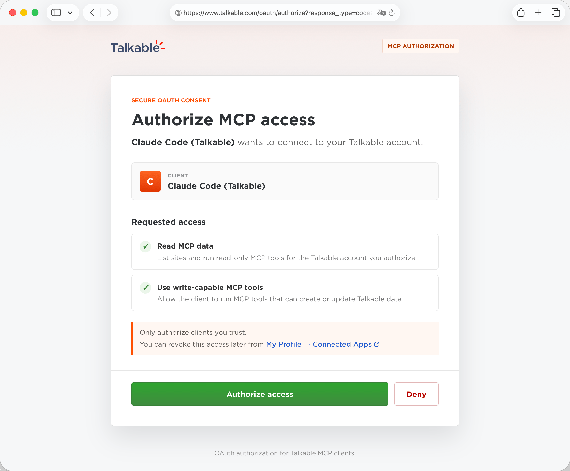 Talkable OAuth consent screen listing the requested MCP scopes