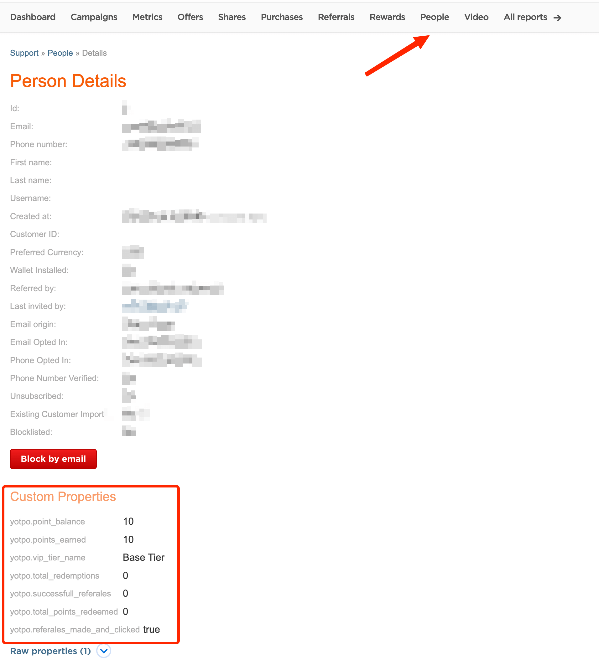 Yotpo Loyalty & Referrals person custom properties in People report